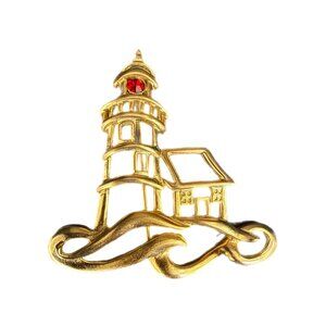 Margot Townsend 2.25” x 2.25” Gold Tone Red Lighthouse Pin Brooch Vintage